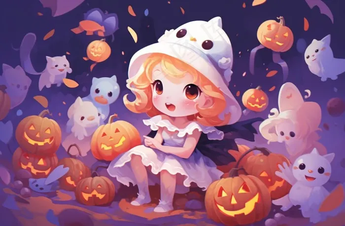万圣节可爱搞怪小孩幽灵卡通插画素材(1344x880)