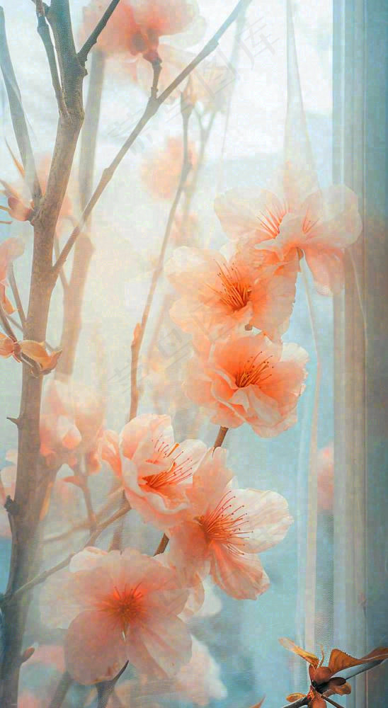 春天窗台橙色渐变鲜花，朦胧枝叶，春节立春(816x1488)