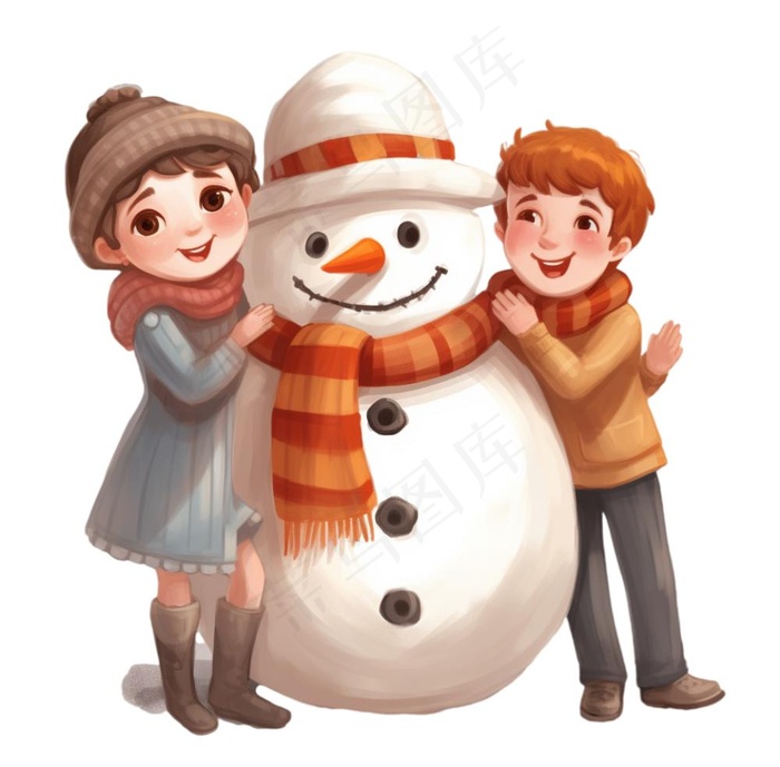 孩童堆雪人可爱卡通插画免抠(1040x1024)