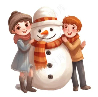孩童堆雪人可爱卡通插画免抠