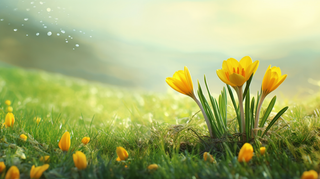 阳光沐浴下的草坪里的小黄花摄影图