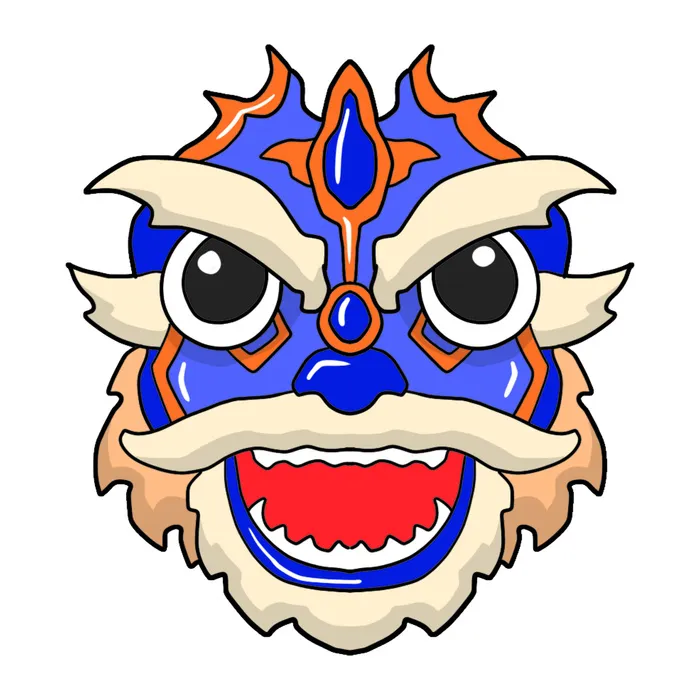 新年春节虎年元宵手绘人物舞狮卡通狮子头插画元素PSD设计素材