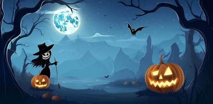 万圣节夜晚坟墓恐怖月色树林插画蓝黑色背景(1568x768)