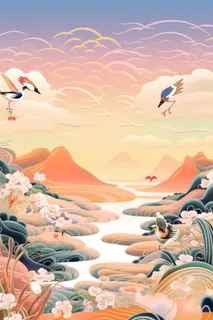 国潮彩色简约山水水壶背景