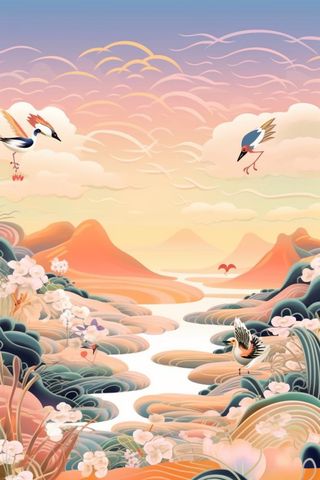 国潮彩色简约山水水壶背景