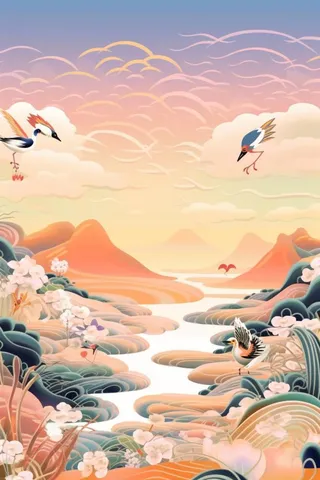 国潮彩色简约山水水壶背景