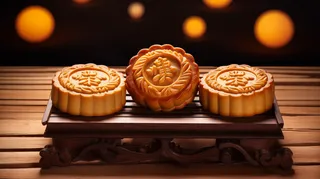 中秋木质托盘餐具上摆放着的月饼摄影图