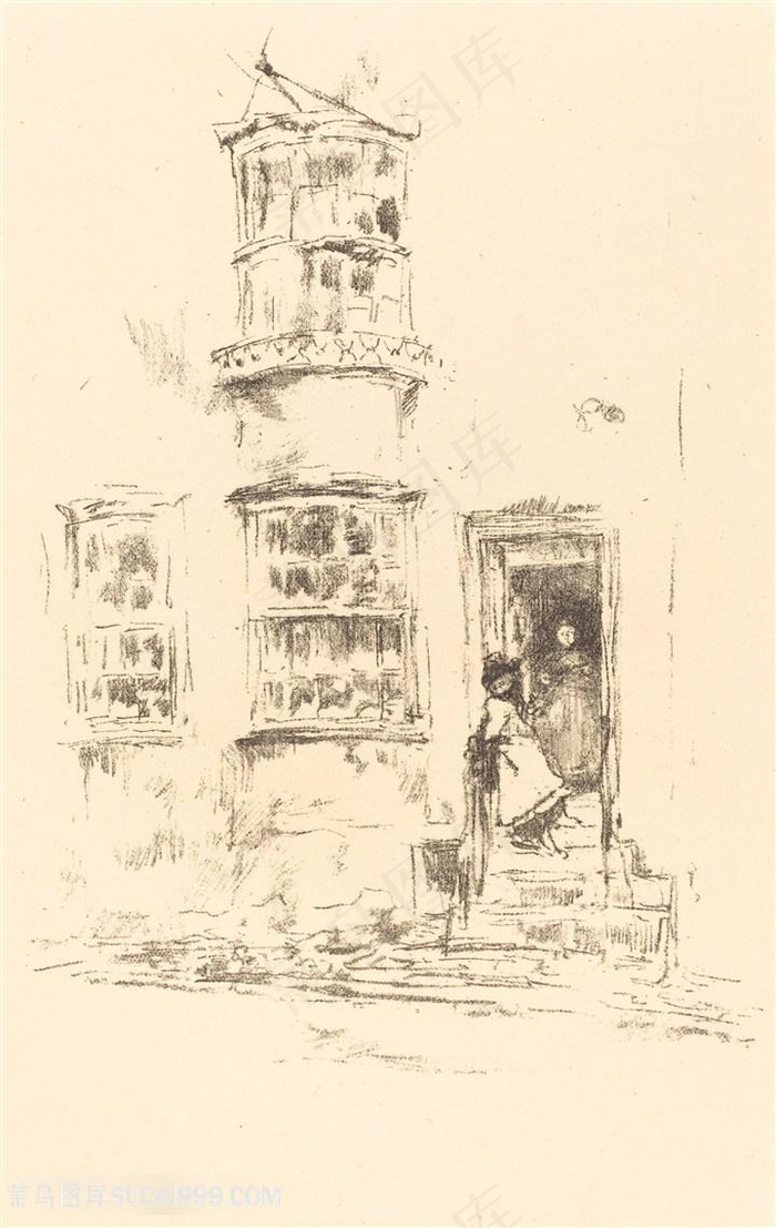 惠斯勒素描简约建筑素描装饰画