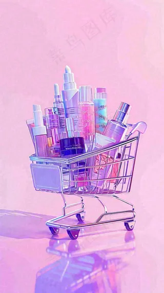 粉紫绚丽购物车采购电商美妆时尚，3D推车