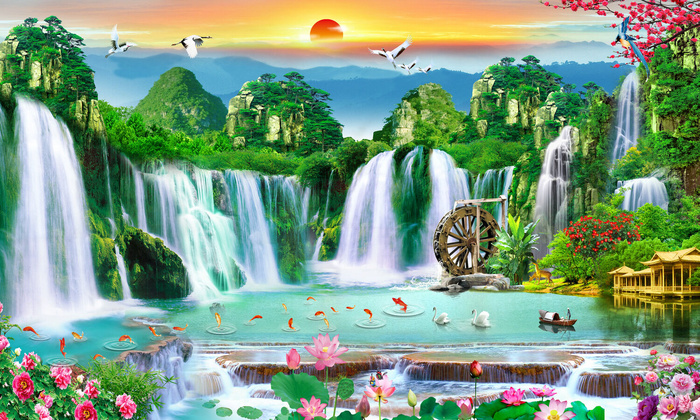 清新流水生财木房鹿天鹅风景