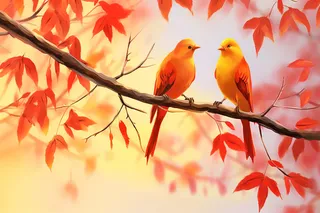 秋天树枝上站着的小鸟金红树叶插画素材背景 