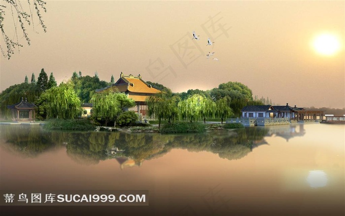 未来中国岸边古式建筑