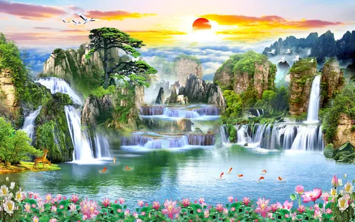 清新高山流水荷花风景