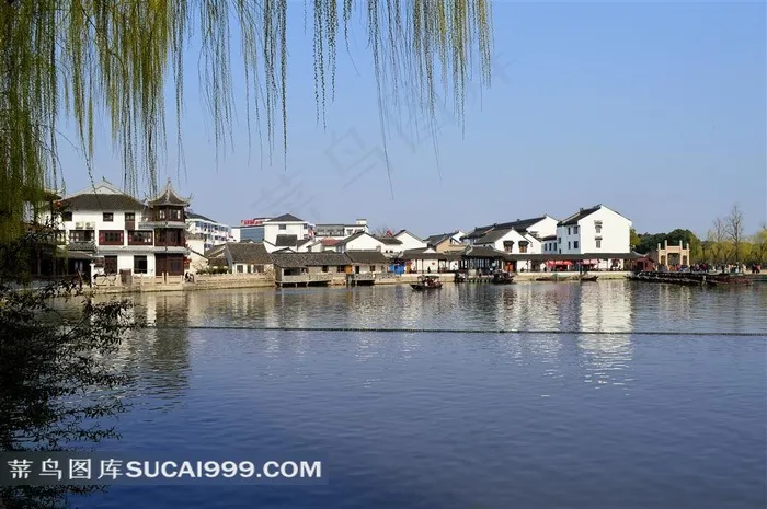 柳条下的水面和古建筑