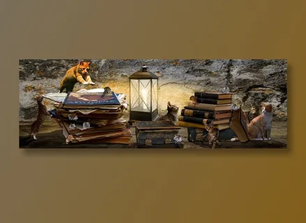 动物, 幻想, 作曲, 图书, 书库, 猫, 鼠, 打猎, 吃下去