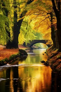 秋天河流两侧的树木森林落叶拱桥摄影图 秋天河流两侧的树木森林落叶拱桥摄影图
