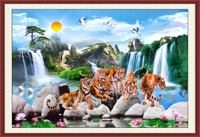 山水五福临门五虎背景