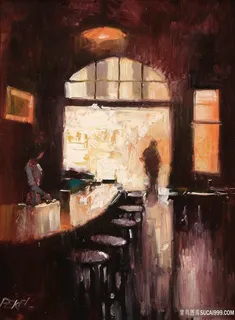 咖啡店人物油画风景画