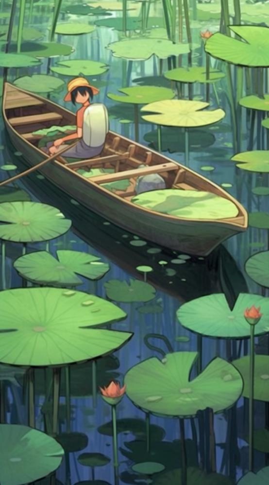 荷花荷叶池里划船的少年绿色插画背景(665x1200)