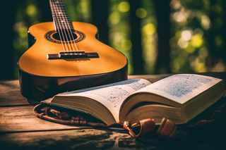 公园里长椅放着打开的书籍和吉他摄影图