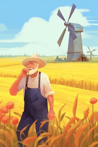 秋季丰收金色麦田风车农民伯伯插画背景