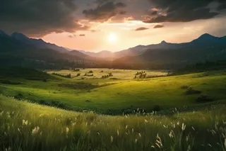 日落在山上的绿草地上菲利普霍达斯的风格照片般逼真的风景浪漫：戏剧性的风景