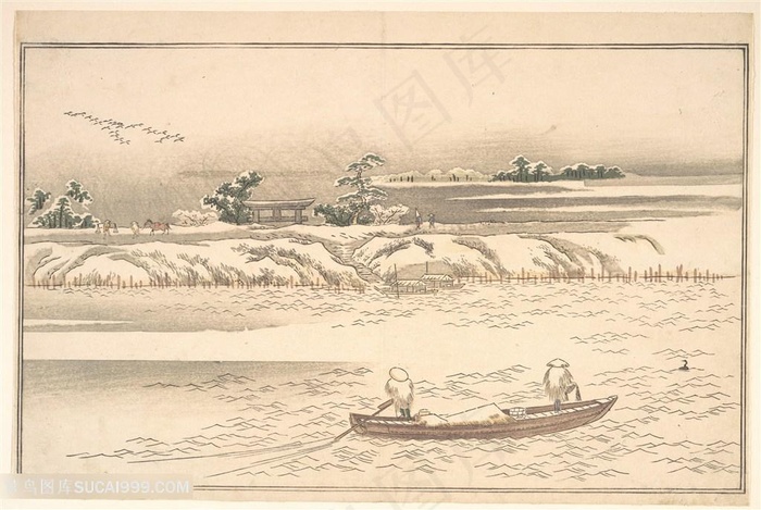 喜多川歌磨手绘湖畔美景装饰画