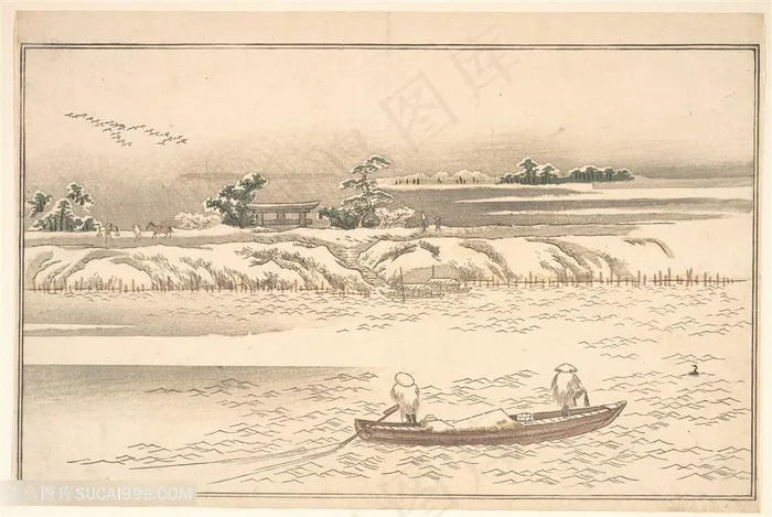 喜多川歌磨手绘湖畔美景装饰画