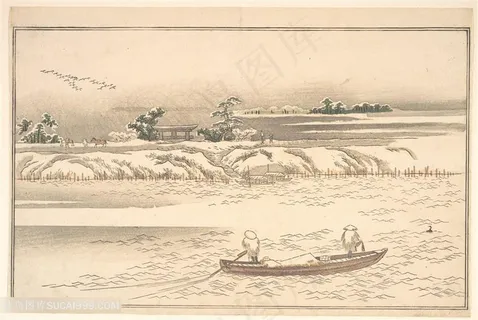 喜多川歌磨手绘湖畔美景装饰画