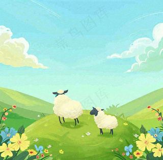 卡通手绘绿色春天草地鲜花花朵绵羊