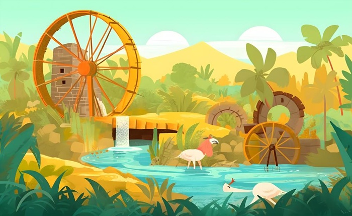 春天田园绿色自然风车水河流畜牧插画素材背景(5632x3456)