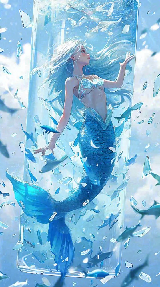 蓝色水面美人鱼，鱼类少女动漫漫画手绘插画(816x1456)