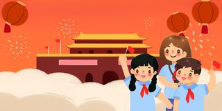 红色庆国庆少先队员背景插画
