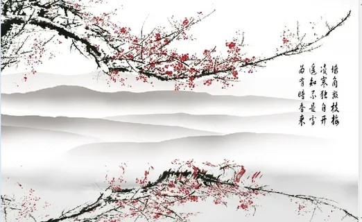 水墨冬天桃花山水