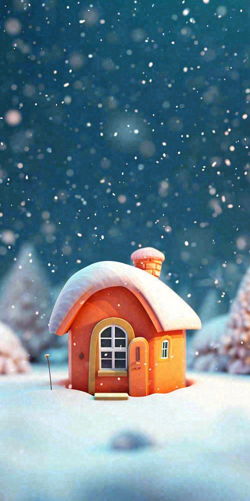 冬天红色雪屋雪地雪花，卡通可爱(768x1536)