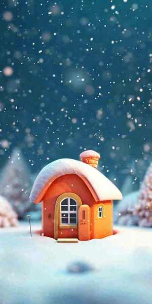 冬天红色雪屋雪地雪花，卡通可爱