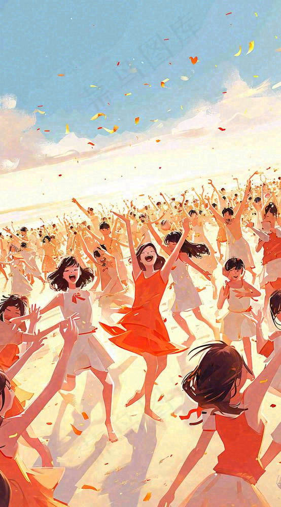 夏日阳光沙滩狂欢玩耍，音乐舞蹈缤纷烟花手绘插画(816x1472)