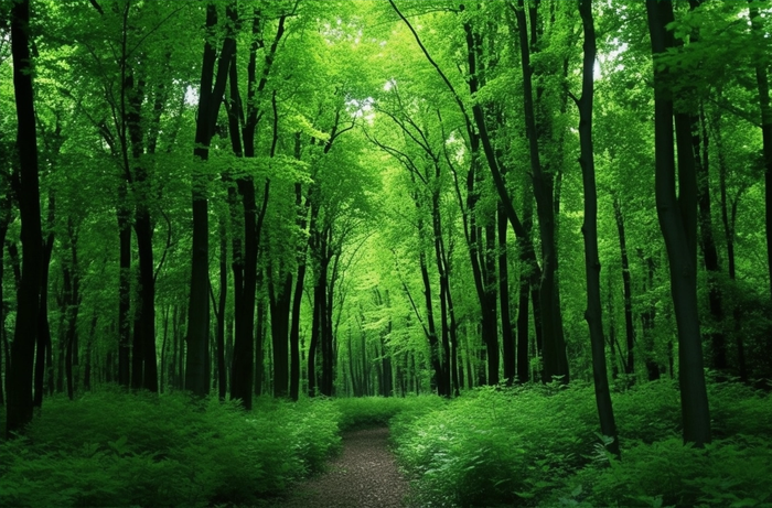 绿色茂密的森林中间有一条土路摄影图