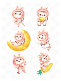 兔兔宇航员卡通手绘系列插画