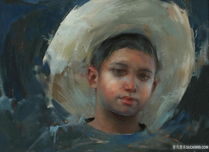 戴帽子的男孩油画