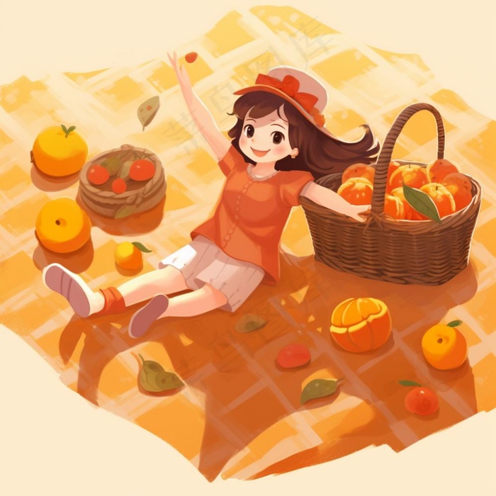 野餐垫上的女孩水果玩耍开心橙色插画素材背景(1024x1024)