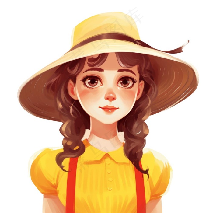 小女孩黄帽黄裙子人物插画免抠(1024x1024)
