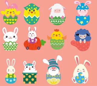 原创复活节主题插画兔子篮子小鸡羊彩蛋形象
