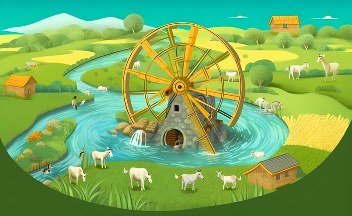 春天田园绿色自然风车水河流畜牧插画素材背景