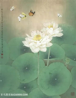 李晓明工笔荷花与蝴蝶国画图片