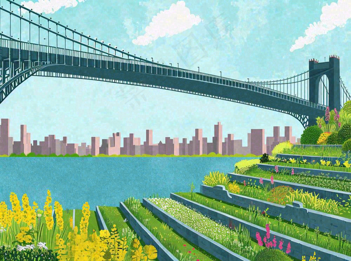 城市河边草地交通风景，春天阳光蓝天白云手绘插画(1264x944)