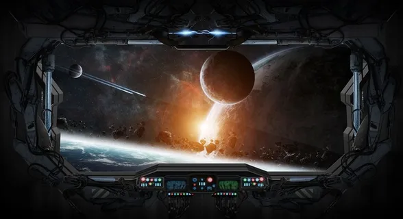 飞机机舱与与宇宙景色图