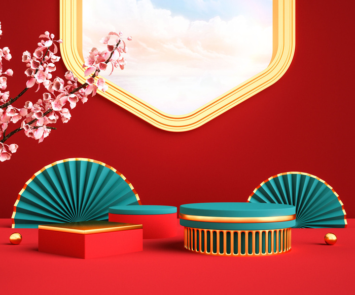 中国风古典喜庆C4D背景图3D国潮场景促销活动海报PSD设计素材模板psd模版下载