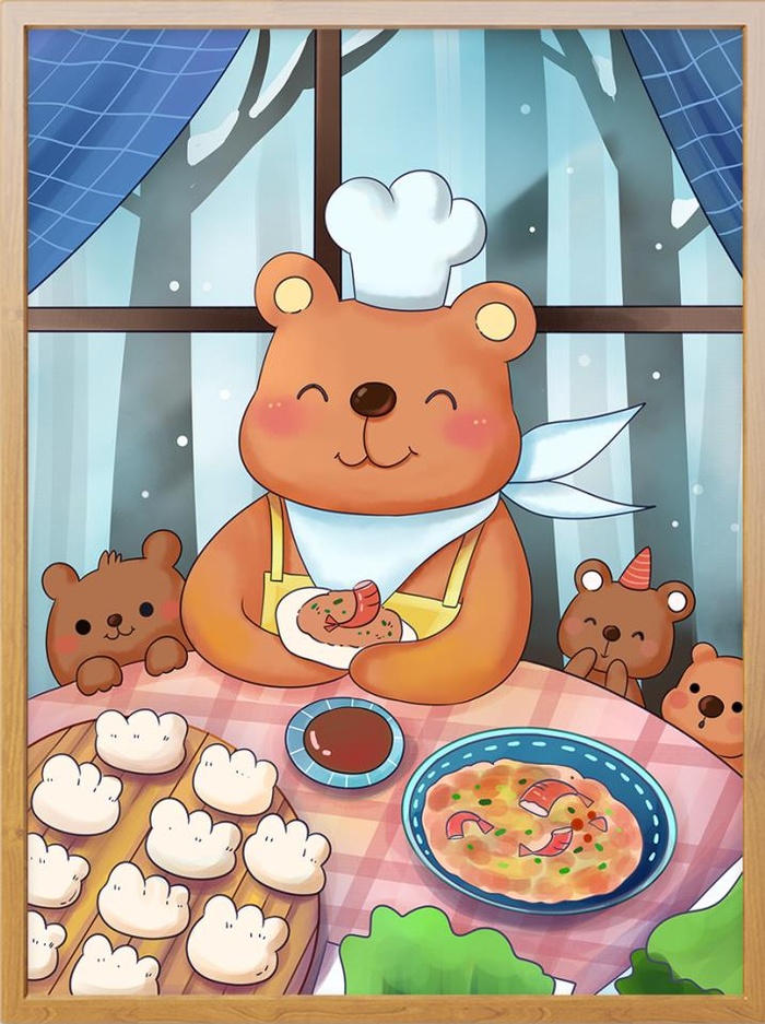 冬至背景 插画小熊一家包饺子