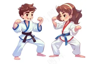 跆拳道男孩女孩对战插画免抠